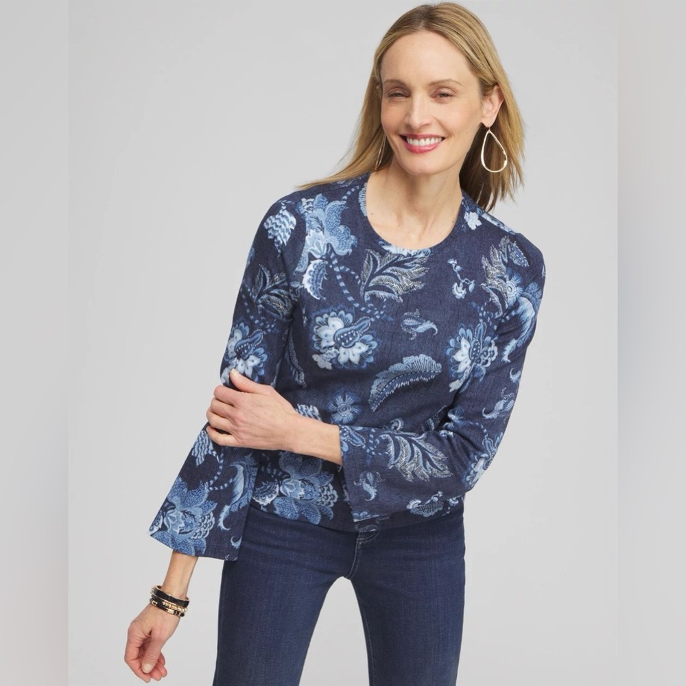 Chico’s Blue Floral Long Sleeve Blouse Size XXL